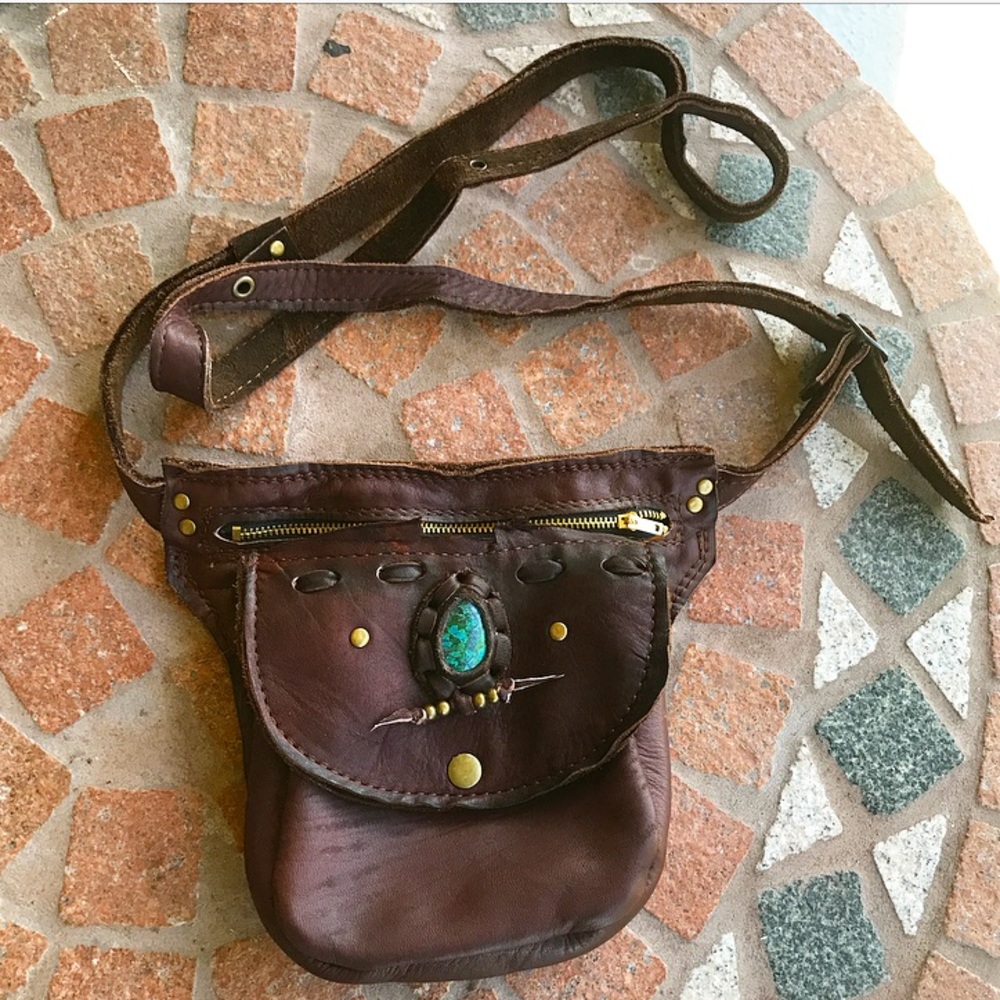 LAST ONE ! brown leather & chrysocolla boho bag - Picture 2 of 8